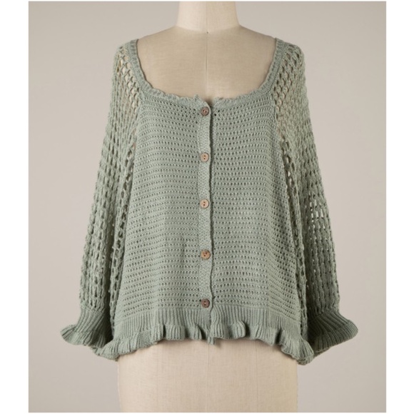 Miracle Cozy Crochet Button down Ruffle Sweater Top - Picture 1 of 16